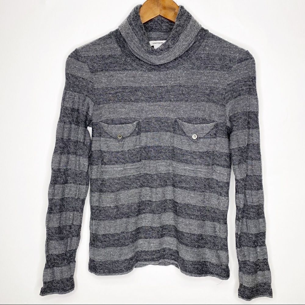 Lacoste Grey Striped Long Sleeve Turtleneck Top